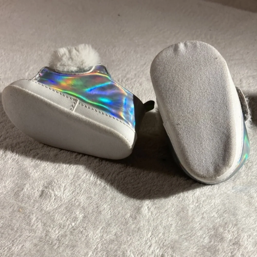 First Steps Silver Hologram Faux Fur Baby Shoes